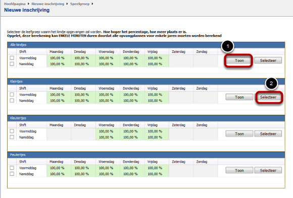 Inschrijving: Berekening bezetting